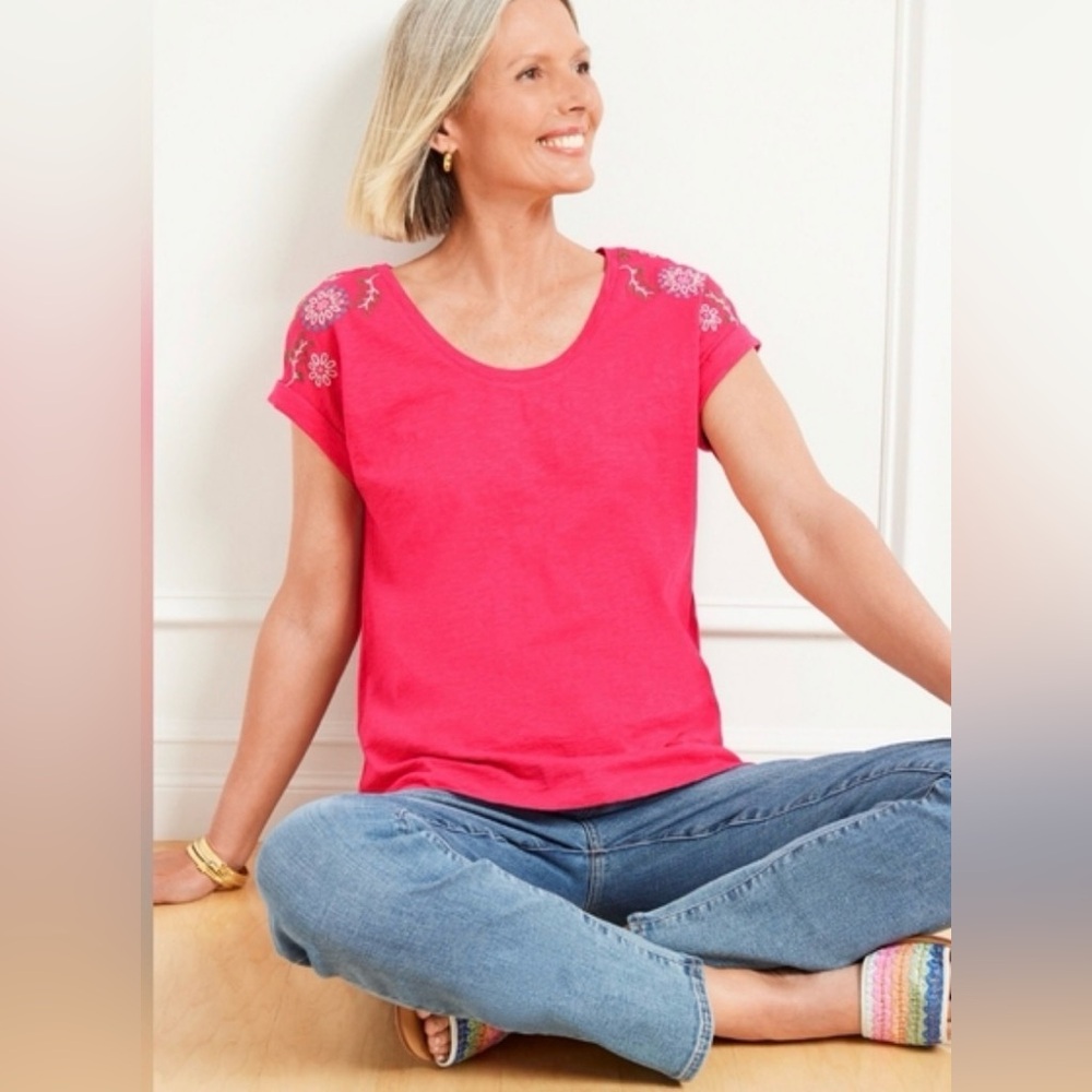 Talbots Hot Pink Embroidered Shoulder Short Sleeve Tee